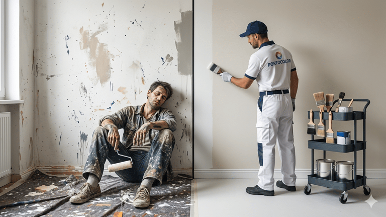 Professional house painter finishing a clean wall next to a messy, exhausted DIY painter.