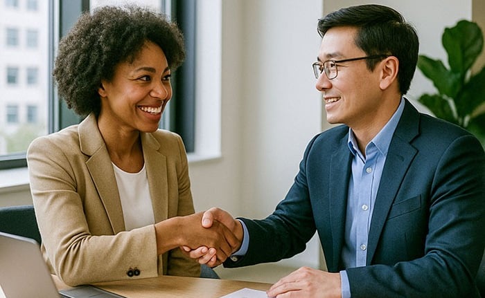 Professional handshake between businesswoman and businessman during a job interview or successful business meeting in a moder