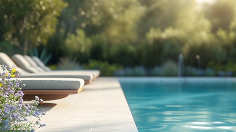 a pool with lounge chairs and flowers in the foreground