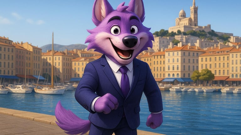 Loup mascotte Alpha Digital FR en costume devant le Vieux-Port de Marseille, représentant notre serv