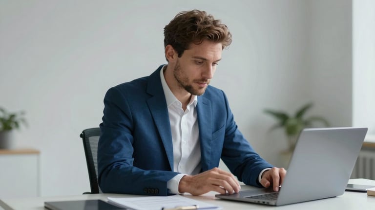 A professional man in a focused International / Global business setting, wearing a steel blue suit, working at a clean minimalist desk.
