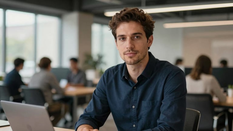 A professional male professional in a modern International / Global co-working space, wearing a dark navy blue shirt, soft natural lighting.