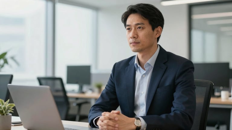 A professional male strategist in a bright International / Global office setting, wearing professional attire with dark navy blue accents.
