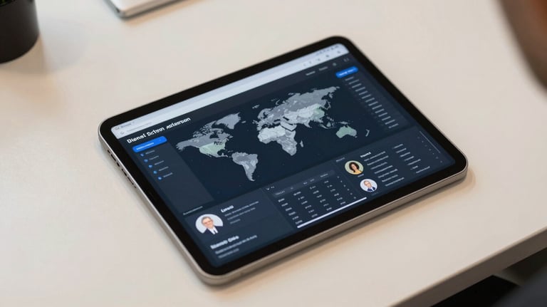 A top-down view of a tablet showing a social media dashboard, resting on a soft off-white desk in an International / Global office.