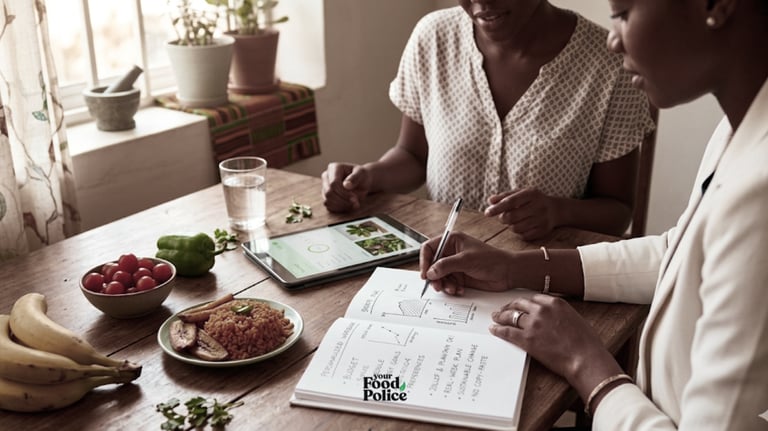 Nutritionist creating a personalized meal plan for a client using a tablet and notebook.