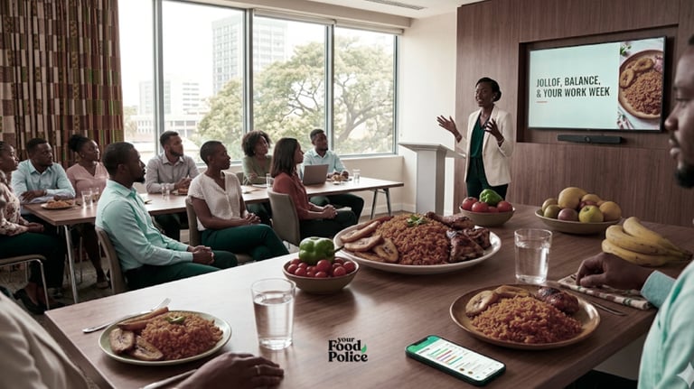 Professional woman leads a corporate wellness presentation on healthy eating and Jollof rice nutrition for employees.