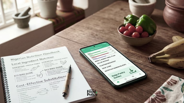 A smartphone showing a Nigerian meal plan app next to a printed nutrition handbook and fresh vegetables.