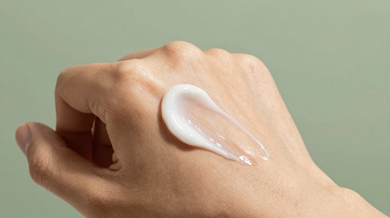 Macro photography of a silky skincare cream being applied to healthy skin, capturing texture and a sense of luxury against a sage green background.