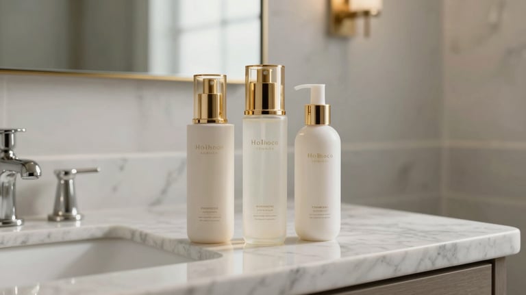 Sophisticated skincare bottles with gold accents standing on a marble vanity in a bright, modern North American / Californian bathroom, luxury aesthetic.