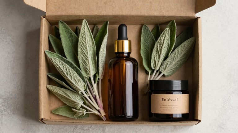 Top-down view of a curated wellness box containing organic items, sage leaves, and a gold-capped bottle, arranged on an off-white textured surface.