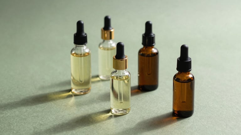 A clean, artistic shot of botanical extracts and clear oils in aesthetic bottles, placed on a sage green fabric, reflecting a calm and natural beauty mood.