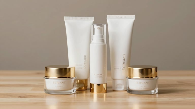 Elegant white and gold skincare packaging arranged artistically on a light wood surface, reflecting a sophisticated and clean aesthetic.