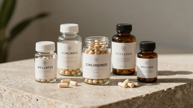 A minimalist arrangement of high-end wellness supplements in glass jars on a limestone surface, bathed in bright, warm North American / Californian morning light.