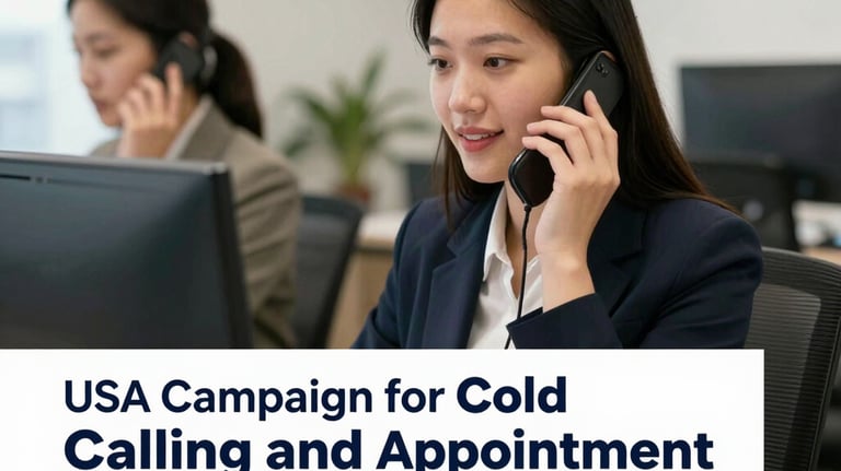Professional woman on a phone call using a laptop for a USA cold calling and appointment setting campaign.