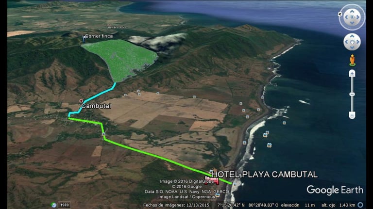 Satellite view of Cambutal, Panama showing Hotel Playa Cambutal and coastal terrain.