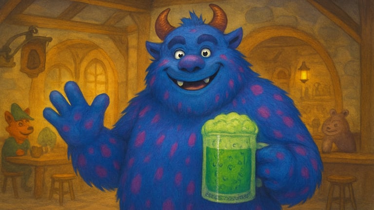a blue monster holding a green beer