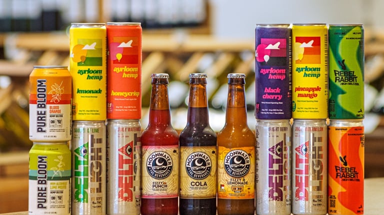 row of thc beverages in bottles and cans