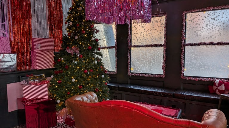 holiday decorations inside a bar