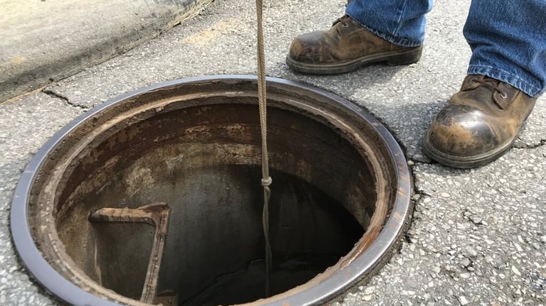 A persons workboots are visible as they stand next to an open manhole.