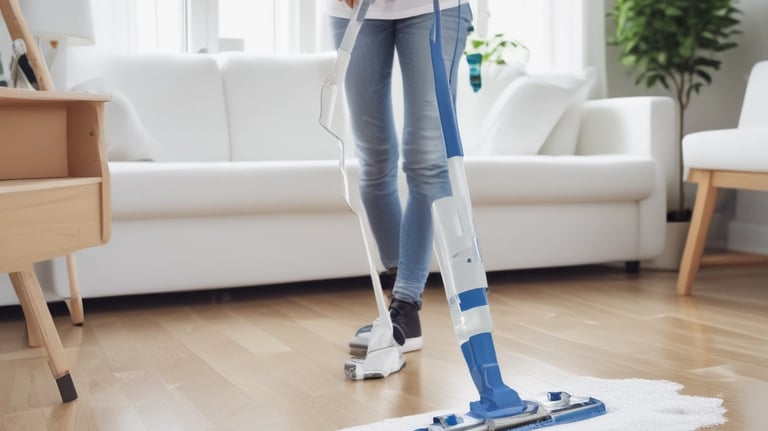 A person wearing protective clothing, a face mask, and gloves is cleaning a white cushioned furniture piece using a vacuum cleaner. The setting appears to be indoors with bright natural light streaming in through large windows. A green potted plant is placed next to a white sofa, adding a touch of nature to the clean and tidy environment.
