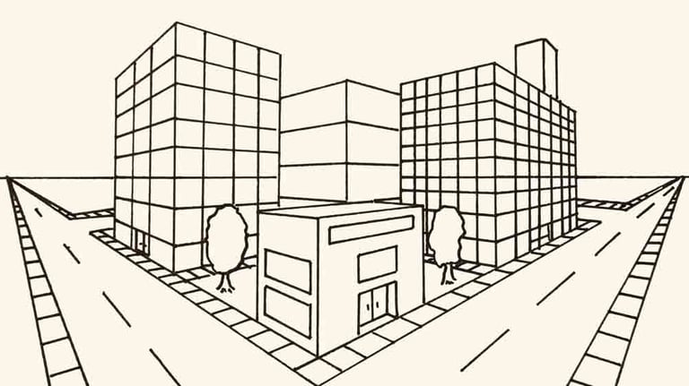 two point perspective drawing of buildings and street corner