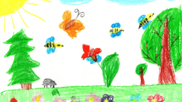 dessin d'enfant illustrant le jardin de la crèche / micro-crèche
