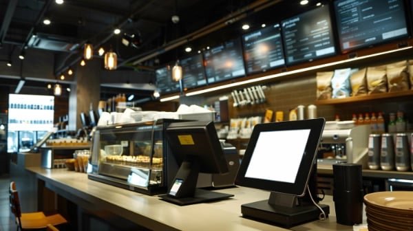 Modern coffee shop counter with touch screen registers, menu boards, and coffee equipment