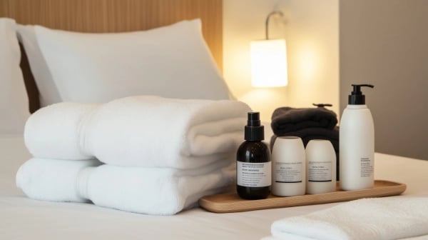 Neatly folded white towels and assorted toiletry bottles arranged on a tray on a hotel bed