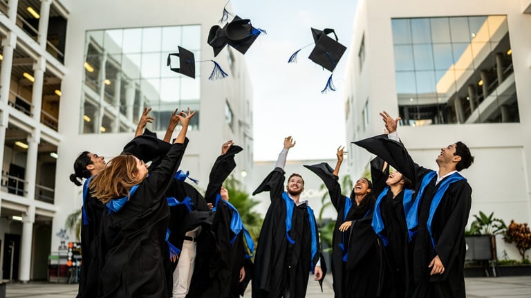 a group of graduates in black and blue caps and gowns