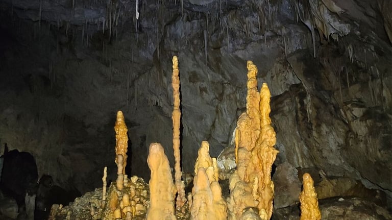 Estalagmitas creciendo desde el suelo de la cueva por deposición de carbonato cálcico
