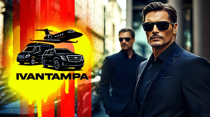 a man in a suit and sunglasses with a plane in the background