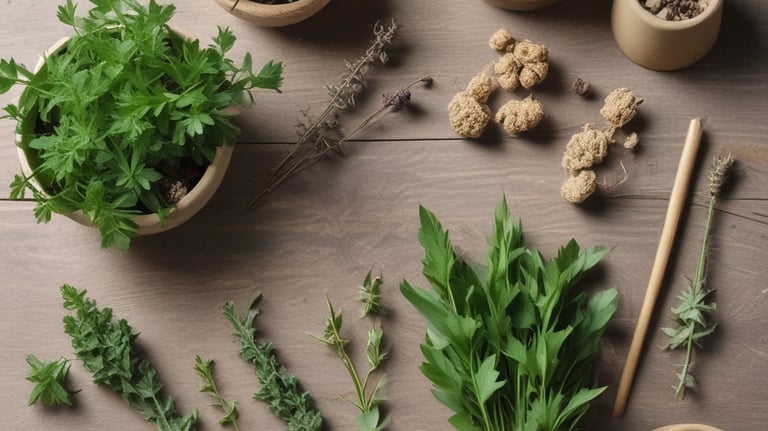 A collection of herbal remedies displayed on a wooden table.