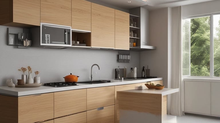 A tablet displaying a collection of interior design photos, showcasing rooms bathed in warm sunlight. The images feature modern, stylish living spaces with large windows, cozy seating, and decorative elements.