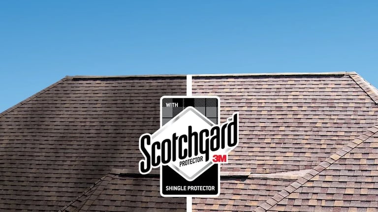 Scotchgard Protection 3M logo, roof with brown shingles