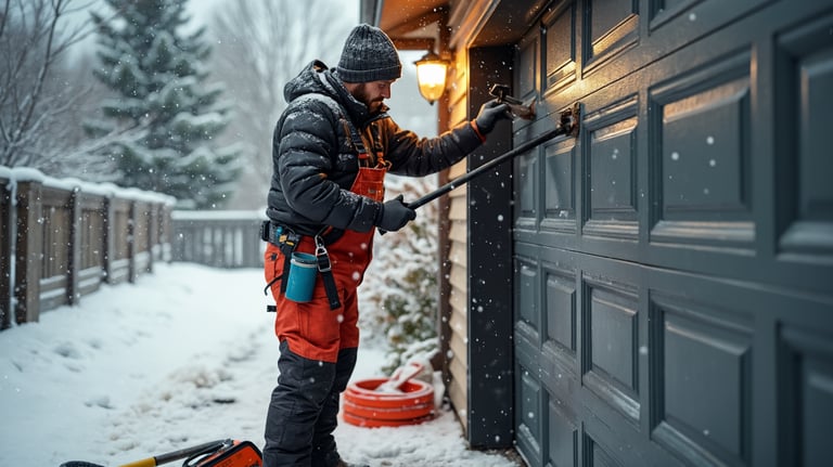 a worker repairing a garage door