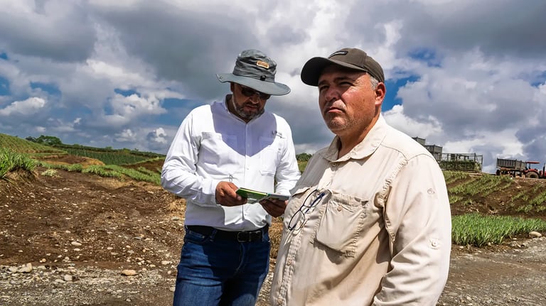 Dos hombres agrónomos parados de forma profesional en un campo de piñas en Ecuador
