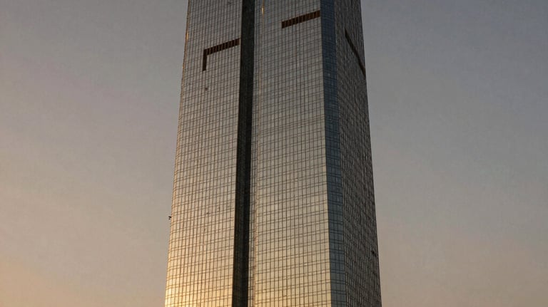 Sleek, modern commercial skyscraper in Gurgaon during sunset. The clean glass exterior reflecting warm gold and dark charcoal hues of the sky. Elite wealth creation aesthetic, prestigious and highly secure atmosphere, real estate photography.