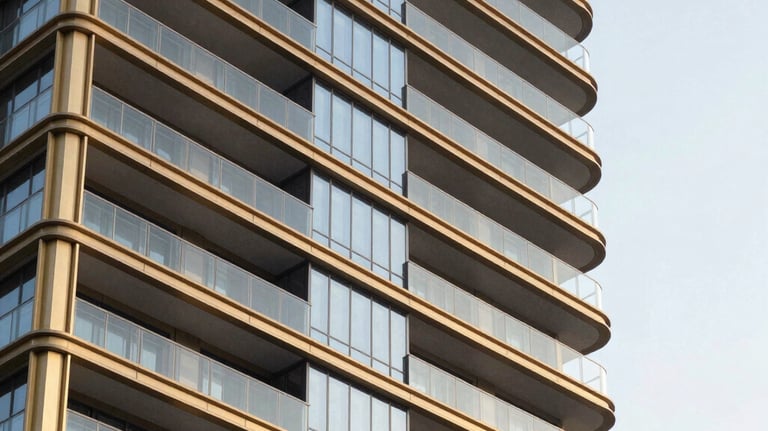 Sleek architectural facade of a modern luxury high-rise in Gurgaon, showcasing premium glass balconies, crisp lines, and rich gold-finished metallic framework under a bright, clean sky. Professional real estate showcase.