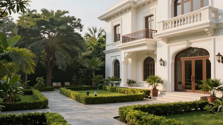 Stunning garden courtyard of a premium villa estate in Gurgaon under pristine morning light. Rich stone pathways framed by manicured greenery in deep forest green and soft white building facades. Elegant and authoritative wealth feel, South Asian / Indian context.