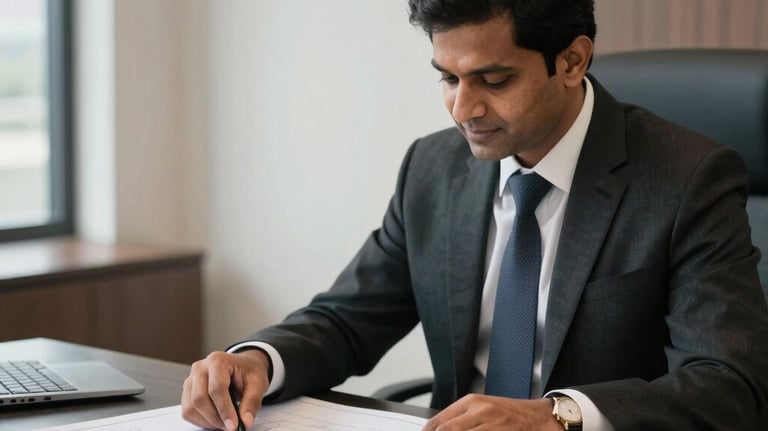 An executive wealth advisor in formal attire sitting across a polished dark charcoal table in a luxury Gurgaon corporate office, presenting a real estate architectural blueprint. Professional, high-trust, South Asian / Indian context, soft professional studio lighting.