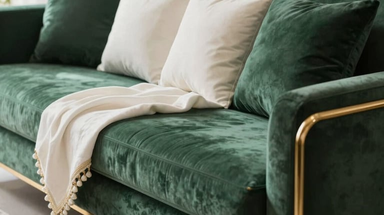 Close-up photography of a luxury modern living room in Gurgaon, styled with deep forest green and soft white textiles, gold decorative elements, and high-end South Asian / Indian modern decor. Elegant, bright natural lighting, wealth-focused atmosphere.