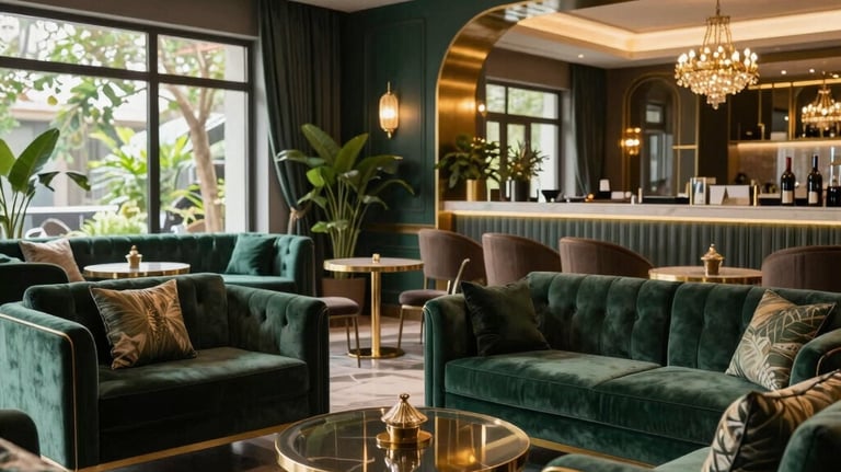 Stunning interior of an elite private residential clubhouse in Gurgaon, decorated in a sophisticated palette of deep forest green, dark charcoal, and brilliant gold. Luxurious, comfortable lounge seating, wealth advisory lifestyle, South Asian / Indian setting.