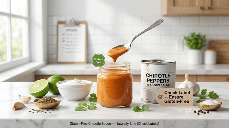 Gluten free chipotle sauce in a glass jar with fresh ingredients and labeled canned chipotle peppers