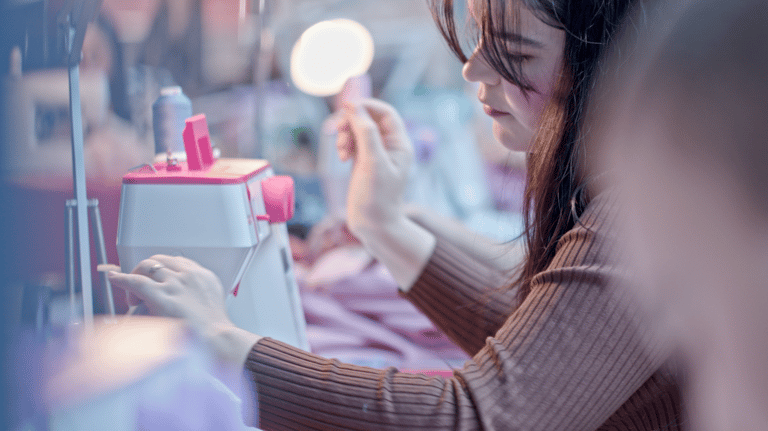 A young woman in a brown shirt is working on a pink and white sewing machine
