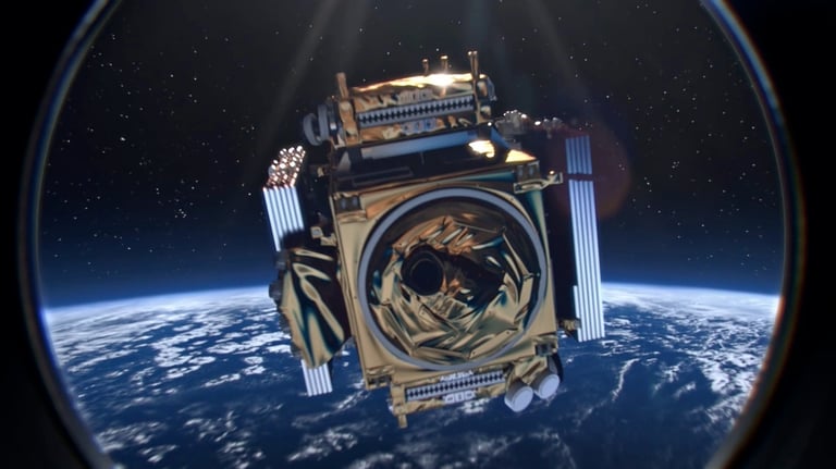 A satellite in the foreground, open space and the Earth's atmosphere in the background.