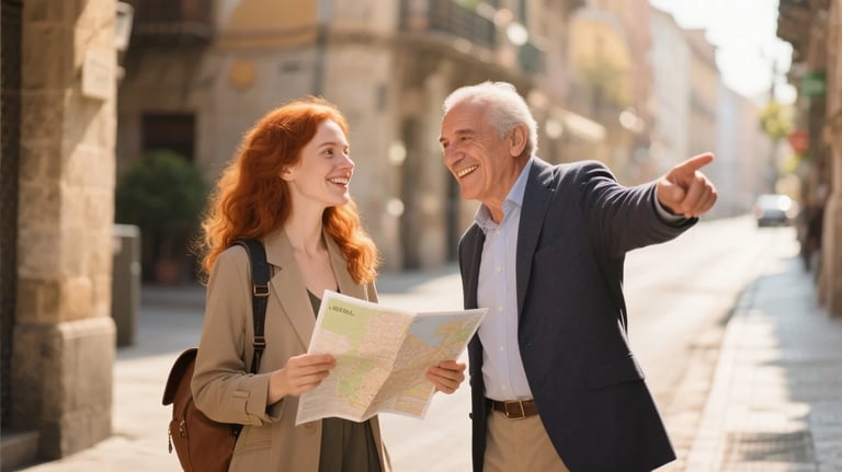 Woman asking for directions in Spanish, confidently engaging in real conversation