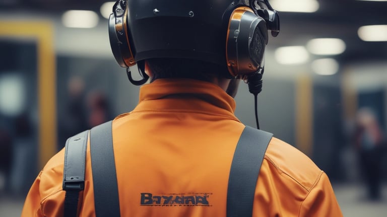 A person wearing a bright red industrial jacket with reflective stripes and a white safety helmet. They are holding a book titled 'Occupational Safety and Health Act' against a plain blue background. The person is smiling and the jacket has a logo on the chest.