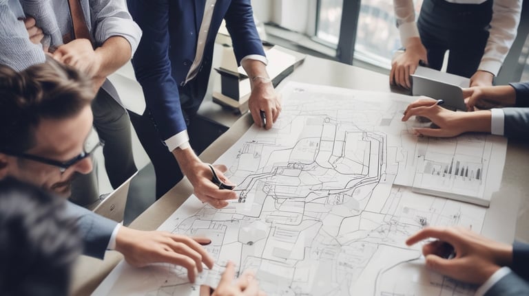 Black 3D text displays the phrase 'Working together to find innovative Solutions' against a geometric background with white, yellow, light blue, and dark blue areas.