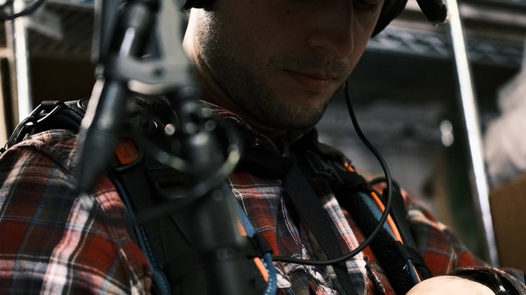 Production company crew member wearing a hat, operating a camera on a tripod