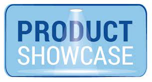 a blue and white sign that says product showcase